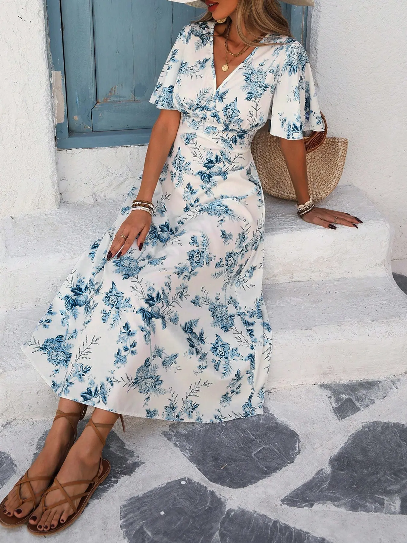 V Neck Short Sleeve Casual Boho Style Floral Print Long Dress, Elegant Slim Fit Womenswear Dress for Summer Vacation, Woven Fabric Dress with Moderate Thickness