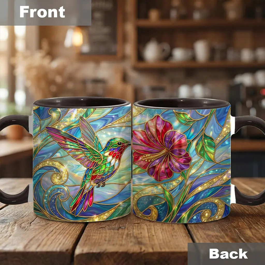 Stained Glass Hummingbird Mug, Colorful Floral Coffee Cup, Bird And Flower Art Mug, Nature Lover Gift, Artistic Garden Mug, Unique Gift - bok10213