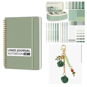Aesthetic Journal Set - Lined Notebook (140 Pages), Includes Pens, Highlighters, Sticky Pads & Pen Case, Charm - GREEN