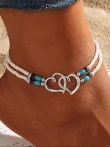 Bohemian Heart Beaded Anklet, Fashionable Double Layer Design, Suitable for Women and Girls, Casual Trendy Accessory, Perfect Gift, Boho Anklet