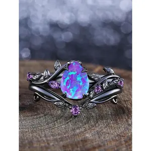 Unique Black Ring Set Water Drop Design Synthetic Opal Inlay Stackable Statement Rings for Women & Girls, Women's Engagement Ring & Birthday Gift Jewelry Accessory witchy moissanite