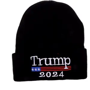 Donald Trump 2024 Campaign American Flag Knitted Hat Women's Men's Skullies Beanies Winter Hat Warm Melon Cap black