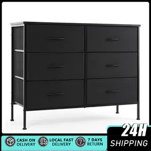 TV Stand for Living Room Black Fabric Dresser with 6 Drawers Storage Organizers Nightstand for Bed Versatile Storage Tower with Wooden Top for Kid Room Closet Entryway Nursery