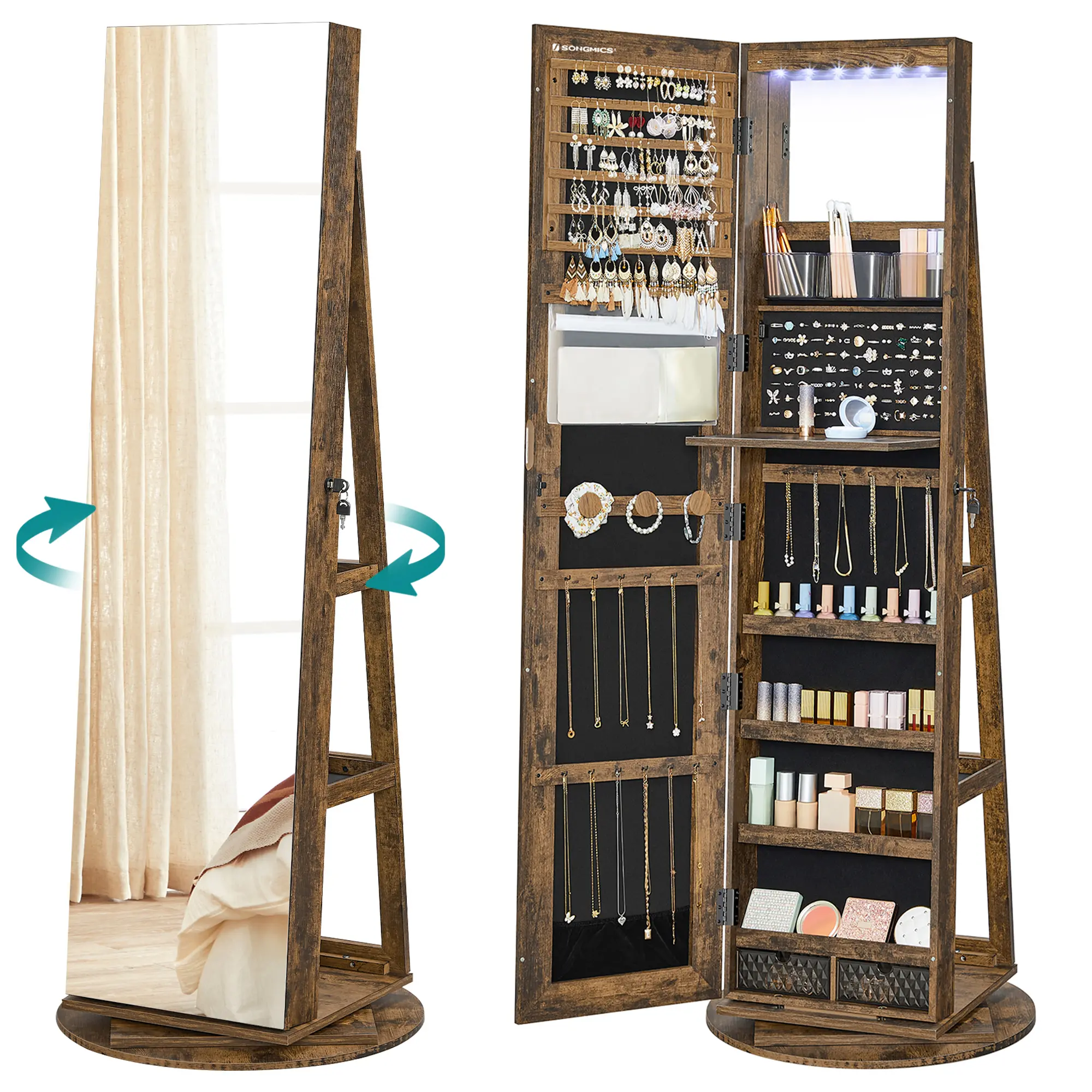【Holiday Haul】SONGMICS LEDs Lockable Jewelry Mirror Cabinet,Standing Jewelry Armoire,, Frameless Full-Length Mirror, 3 Storage Shelves Gift Idea, Illuminated Mirror, Led Lit Mirror