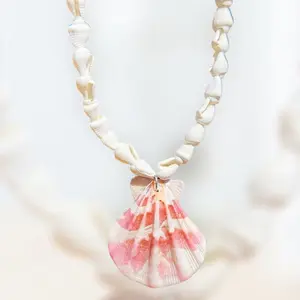 Handmade Natural Sea Shell Pendant Charm Necklace – Real Shell Charm with Seashell Beaded Chain – Beach Ocean Jewelry