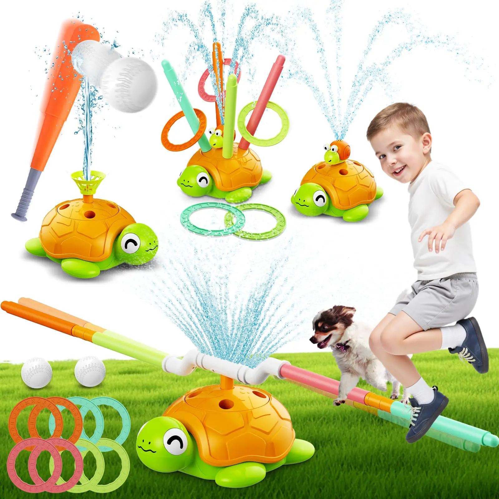 Buy one, get one free (same item) 4-in-1 Sprinkler Toy Set - Bouncing Game with Ring Toss, Baseball, and Rocket Launcher, Perfect for Thanksgiving Family Fun, Active Play Indoors and Outdoors for Ages 3 and Up #SummerVibes