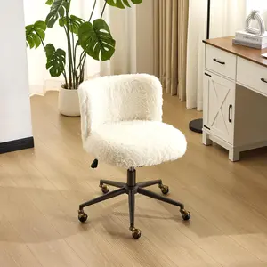 VINGLI Plush Upholstery Vanity Desk Chair with Curved Back & 90-102° Tilt &Adjustable Height, Cute Rolling Chair with Bronze Base & Golden-Bronze 360° Swivel Wheels for Makeup &Home Office,White Cream