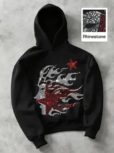 Men's Hooded Sweatshirt, Casual Sports Hoodie, Short Box Fit, Simple Basic Design, Double Layer Cap, Rhinestone Craft, Star Portrait Pattern, Casual All Seasons Wear