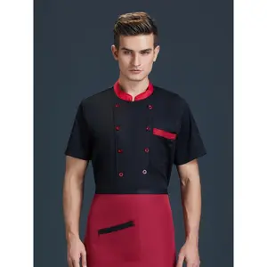 Men's Short Sleeve Double-Breasted Chef Jacket - Breathable 100% Polyester, Black with Red Accents, Pockets & Buttons, Perfect for Kitchen and Restaurant Use233