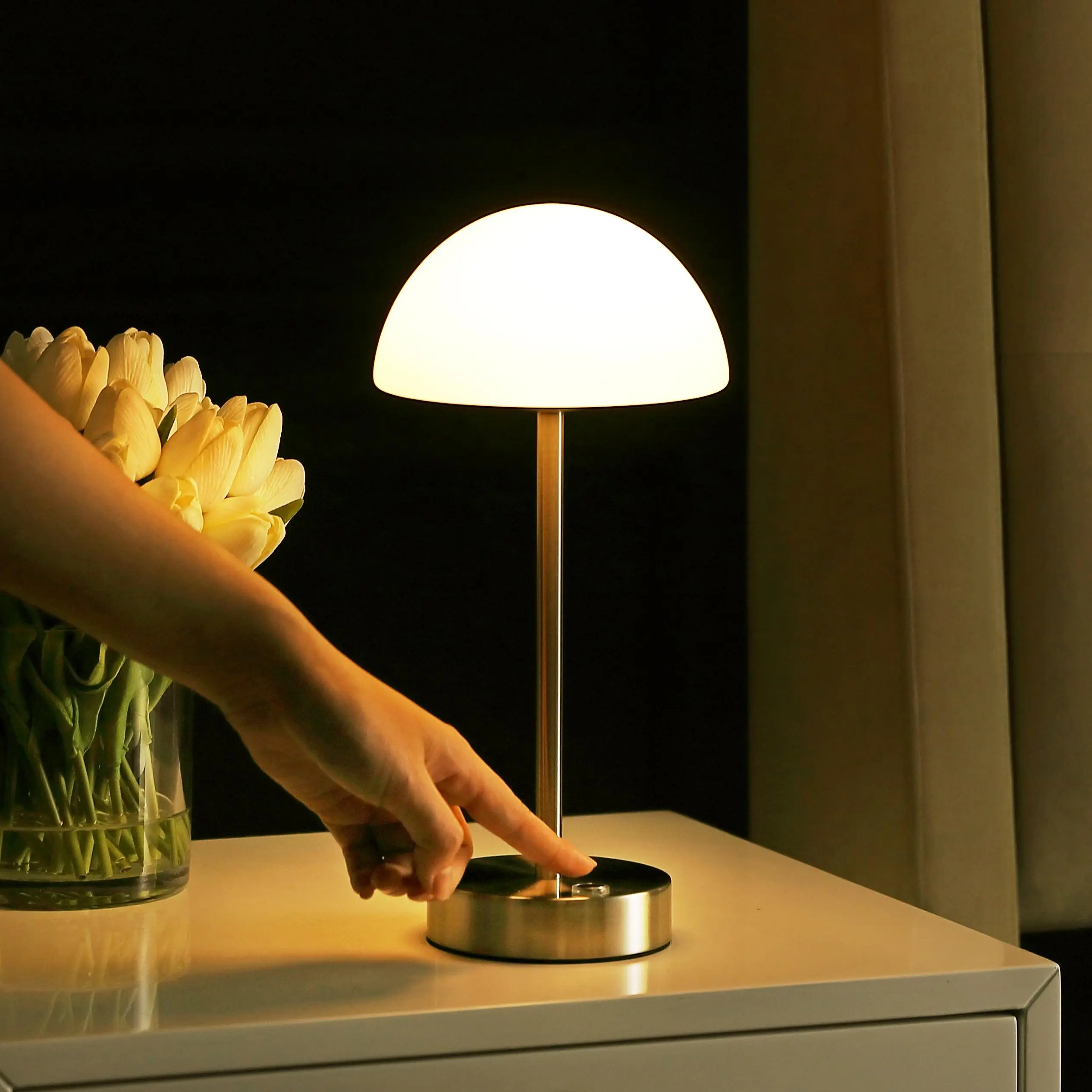 JONATHAN Y Xavier 12.5" Nickel Contemporary Metal Cordless LED Table Lamp - Vanity Accent Lamp, Apartment Accessories, Rechargeable, Dimmable Touch Sensor, White Frosted Glass Dome, Portable Minimalist, Integrated LED Bulb Included