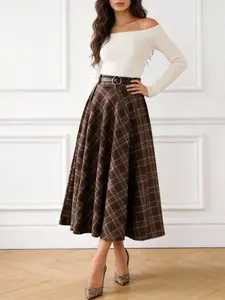 Women's Vintage Plaid High Waist A-Line Skirt, Flowy Smooth Slimming Fit Long Dress, Casual Preppy Chic Daily Wear Party Versatile Skirt