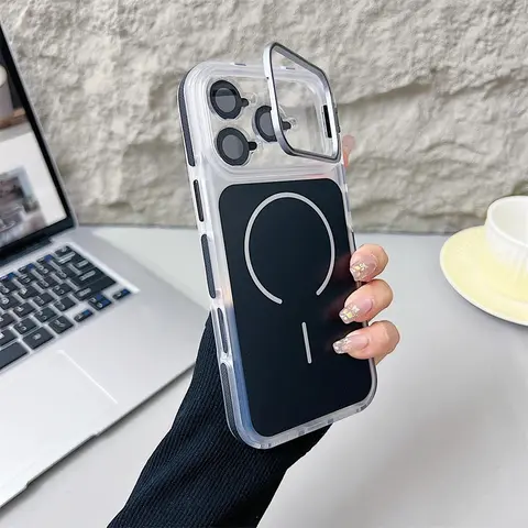 Luxury MagSafe Magnetic Lens Bracket Cellphone Case for iPhone 18/17/16/15/14/13/12/11 Pro Max/XR/XS, Hard Acrylic Protective Casing with Shockproof Bumper, 360-Rotatable Heavy Duty Guard for Handheld Devices, Wireless Charge Compatible Accessory