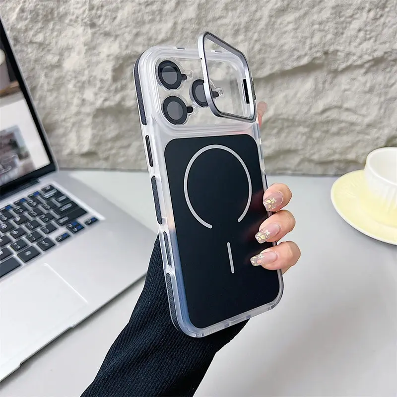 Luxury MagSafe Magnetic Lens Bracket Cellphone Case for iPhone 18/17/16/15/14/13/12/11 Pro Max/XR/XS, Hard Acrylic Protective Casing with Shockproof Bumper, 360-Rotatable Heavy Duty Guard for Handheld Devices, Wireless Charge Compatible Accessory