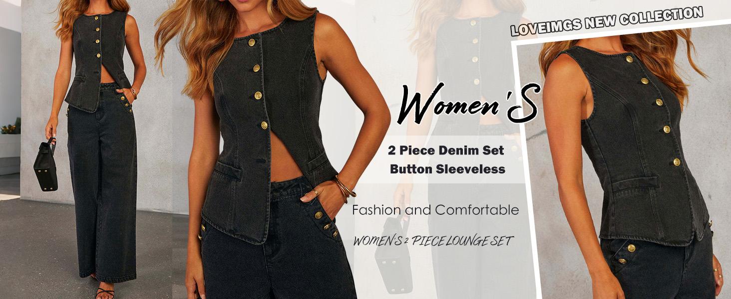 Chouyatou Women Y2K Denim 2 Piece Outfits Button Sleeveless Jean Vest Top Wide Leg Palazzo Jeans Matching Set
