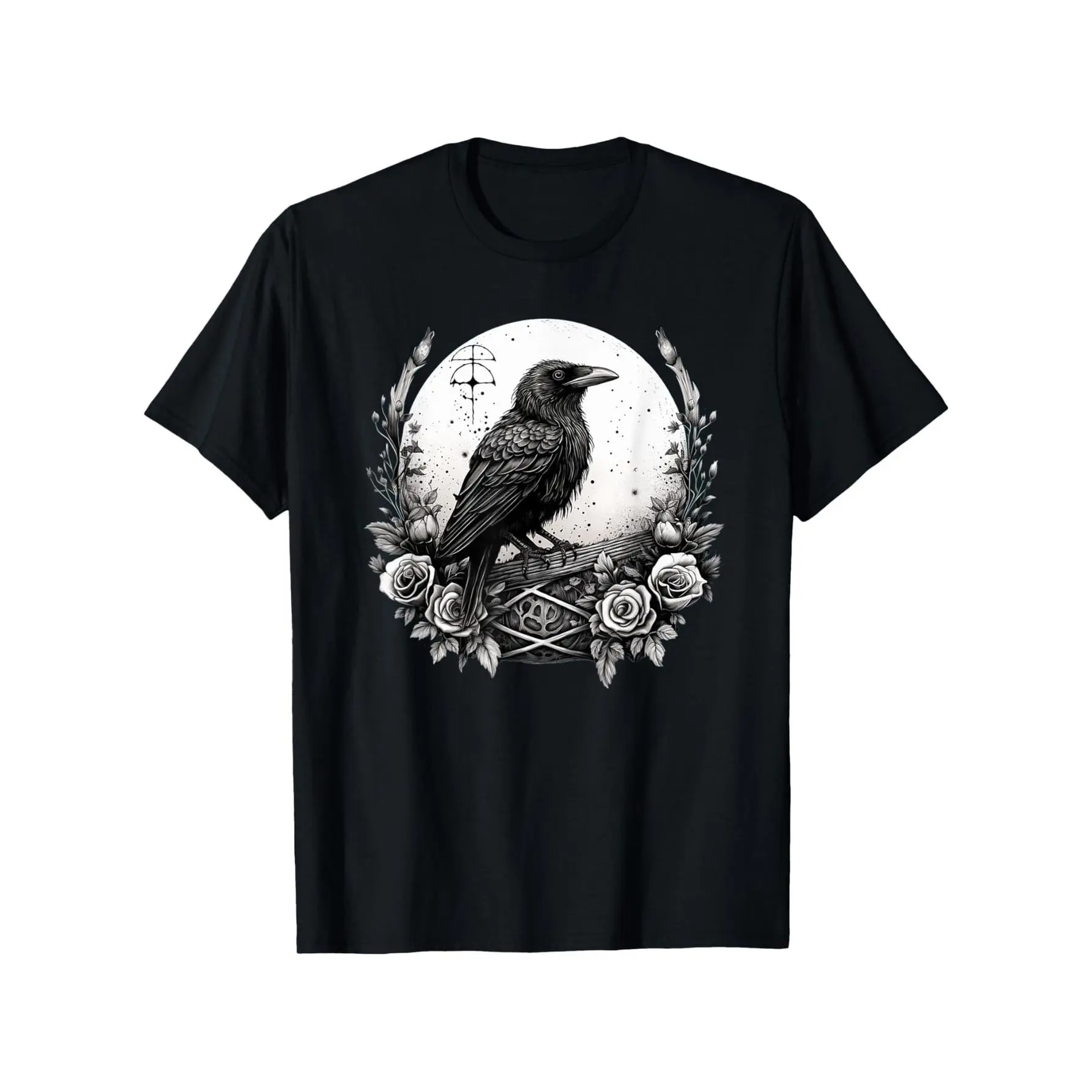 #TikTokShopRestock  Plus Size Fantasy Creatures Crow Witch Familiar Gothic Moon and Flowers T-Shirt, Short Sleeve T-Shirt, Humorous Cool Shirt Design, 100% Cotton, Weight 180g, Pattern T-Shirt, One Side Print, Men Women Dad Mom Best Friend, S-XXXL, Black
