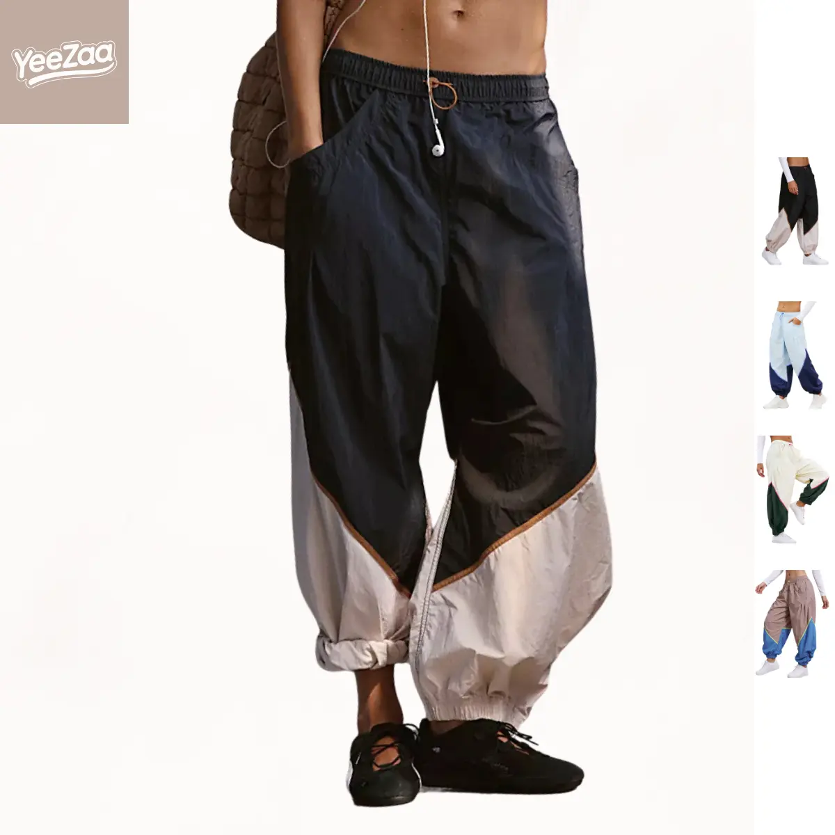 Colorblock Track Pants for Women YeeZaa Slouchy Relaxed Fit Baggy Pants Nylon Fabric Color Block Design Drawcord Waist Adjustable Slip Pockets Front and Back Casual Everyday Wear Comfy Street Style TikTok Viral Fashion Pants summerwins