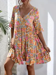 【Plus Size】Floral Print Dress, Casual Chic Dress for Daily Holiday Vacation Wear, Women's Clothes for Summer, Boho Style Womenswear