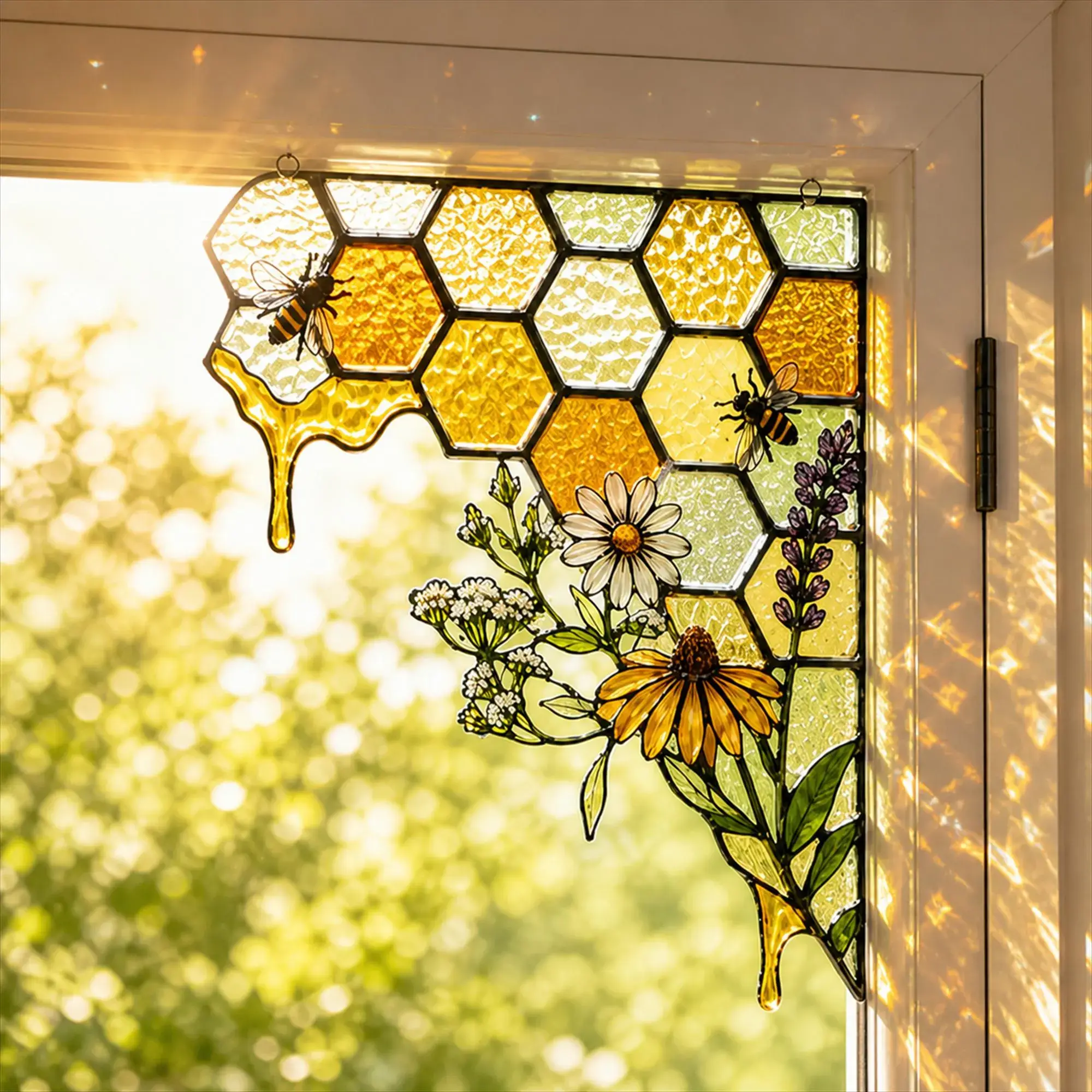 Stained Glass Honeycomb Window Corner，Beehive Corner Suncatcher，Cottagecore Bee Decor, Nature Lover Gift