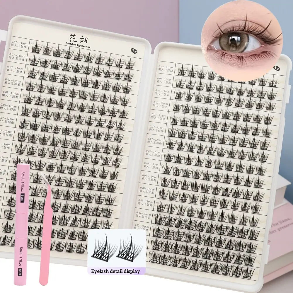 320 cluster lashes pack eyelash book adhesive set, double head water dispenser, special clip - DIY natural, cluster and fluffy style eyelash extension - for beginners in C roll, reusable - mixed length 11-13mm, Natural Sweep Lash Set, Diy Lash Clusters