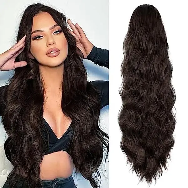 H M D Women's Lighter Curly Ponytail Hair Extension, 26-in Water Wave Synthetic Hairpiece with Untangled Fluffy Curls, Drawstring for Daily, Casual & Party Ponytail Hairstyles, Drawstring Ponytail