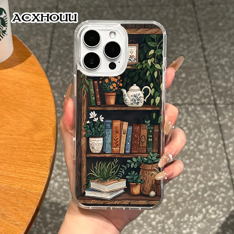 Magnetic Coquette Smartphone Casing for iPhone 17,16 E Pro Max,15 Plus,14,13,12,11,XS,XR - Pastel Cozy Plant-Filled Bookshelf Design, Shockproof, Girly, Stylish Silicone Handheld Device Resistance