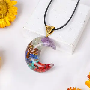 7 Chakra Moon Pendant Necklace Natural Healing Crystal Gorgeous Stone Gemstone Jewelry Energy Love Girlfriend Boyfriend Souvenir Valentine Anniversary New Year Christmas Halloween Birthday Gift