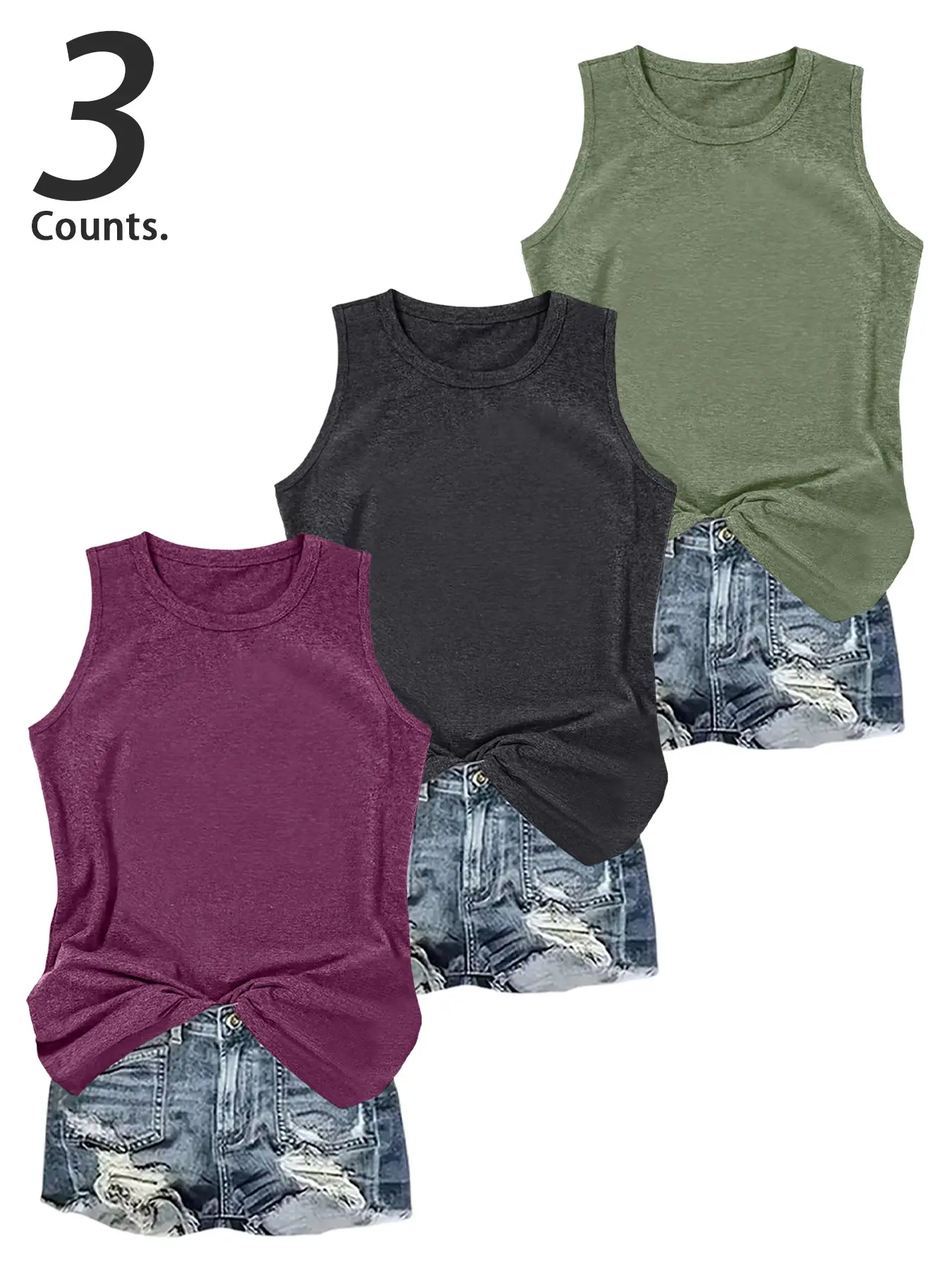 3 Pieces Women Round Neck Solid Color  Lightweight Everyday Sleeveless Casual Basic Womenswear Tank T Shirt，Sleeveless Top For Women，TK Women Sleeveless Top Casual Summer Sleeveless