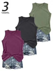 3 Pieces Women Round Neck Solid Color  Lightweight Everyday Sleeveless Casual Basic Womenswear Tank T Shirt，Sleeveless Top For Women，TK Women Sleeveless Top