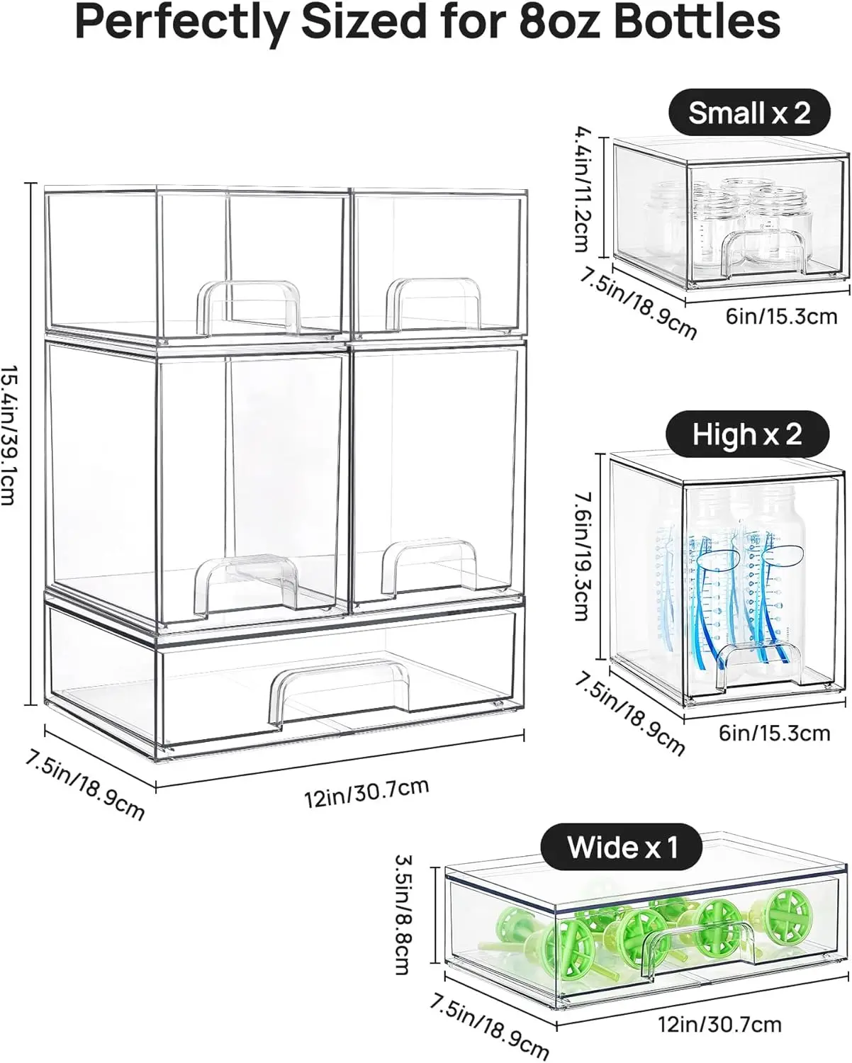 Set Of 5 Stackable Storage Drawers Clear Plastic Organizer Bins For Baby Bottles Beauty Supplies Countertop Vanity Bathroom Cabinet And Pantry Organization