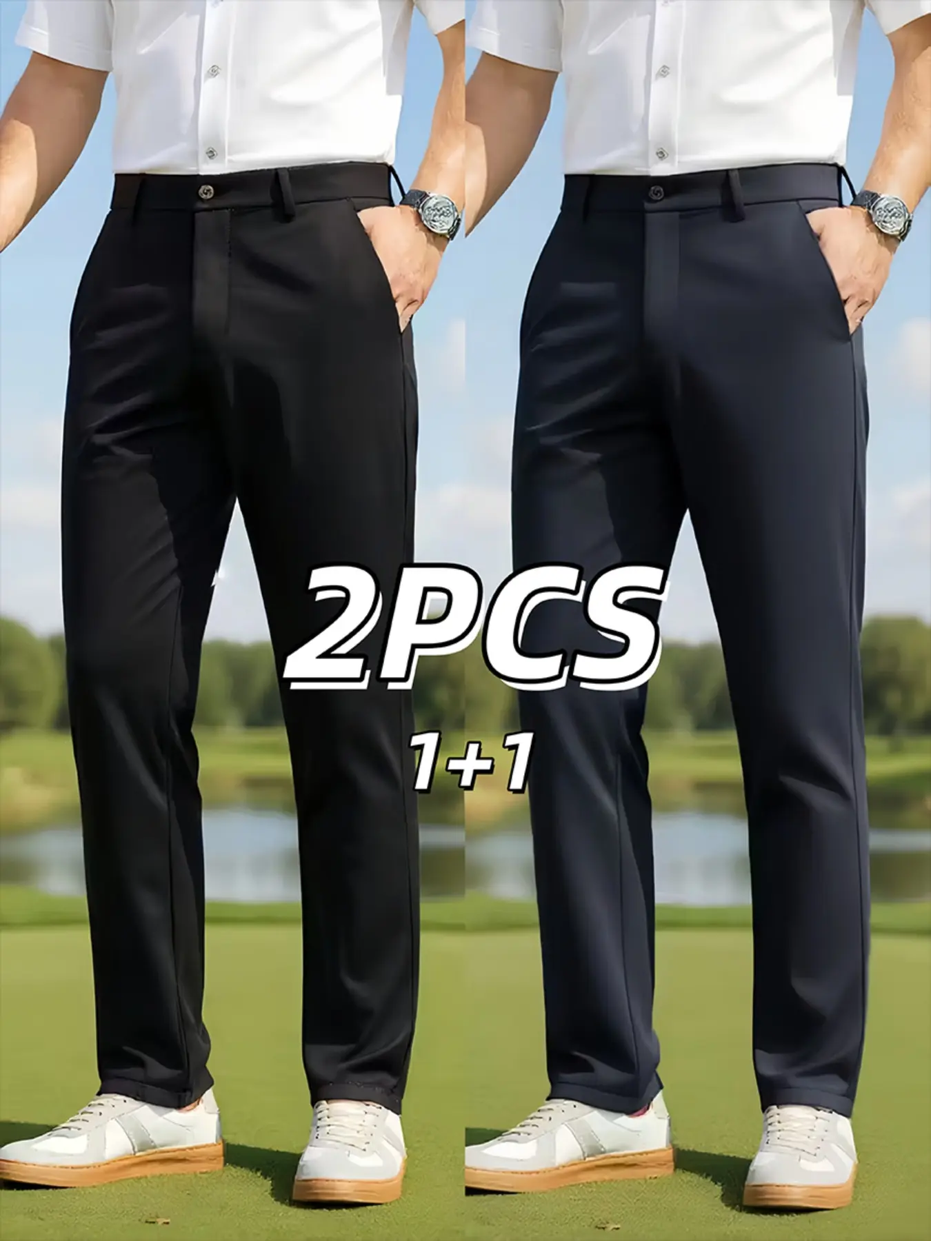 2-pieces Men's Golf Pants Set, Casual Sporty Design, Casual Sporty Comfy, Athletic Style Activewear, Casual Athletic Apparel, Casual Sportswear Long Pants with 4 Pockets, Comfortable Polyester Spandex Fabric, All Seasons Outdoor Wear, Sports Clothing Set