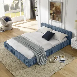 Queen Size Upholstered Platform Bed Frame, Low Profile Grounded Design, Sturdy Wood Slats, No Box Spring Needed, Modern Cozy Style for Bedroom (Dark Blue, Chenille Fabric, Queen (U.S. Standard))
