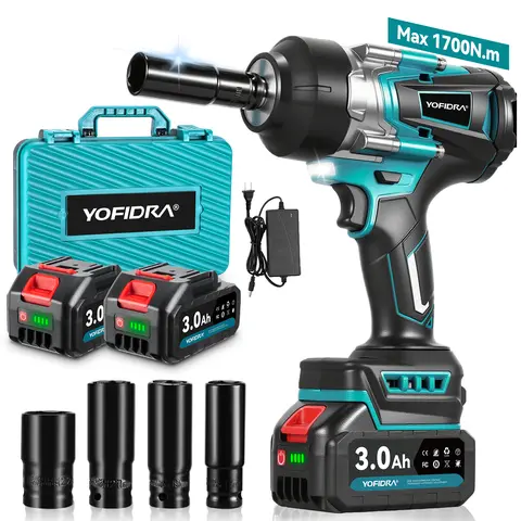 YOFIDRA 1/2" Drive Cordless Brushless Impact Wrench Kit, 1700Nm Heavy Duty for Mechanics, 3-Speed Brushless Impact Drill, 2×3.0Ah Batteries, 1.2A Fast Charger, 17/19/21/22mm Sockets, LED Light, Makita 18V Battery Compatible, 1500mAh, Truck & Home Work Use