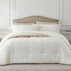 Beige Queen Comforter Set - 3 Pieces Seersucker Lightweight Bedding Comforter Sets (1 Soft Comforter & 2 Pillowcases) - All Cozy Farmhouse Bed Sets for Men