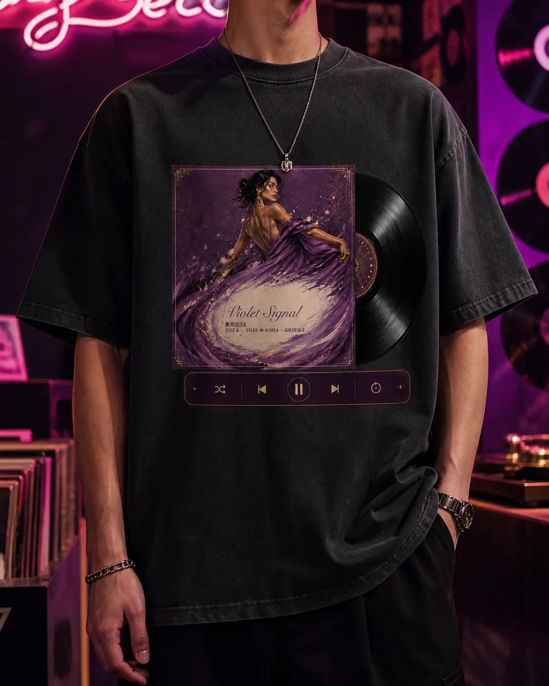 EMBERMILE Men's Purple Echo Vinyl Record Graphic T-Shirt, 100% Cotton Vintage Washed Tee, Relaxed Fit Crew Neck Short Sleeve