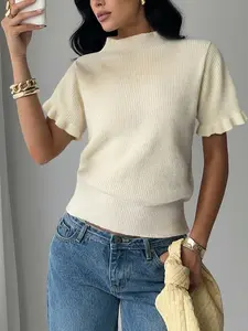 Spring High Neck Knit Short Sleeve Underwear, Women's Commuter Casual Basic Chic Top, Fitted Solid Pattern, All Seasons Wear