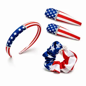 Limited Edition  Satin USA Flag Hair Accessories Set – Patriotic Headband Clips Scrunchie, 4th of July,Rhinestone‑Studded Hair Accessories Set