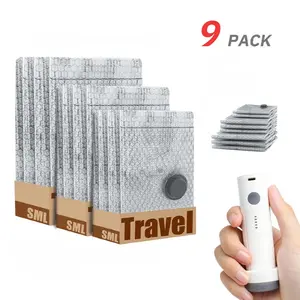 [2026 Upgraded] Cordless Travel Vacuum Bag Set Vacuum Bags for Travel with Rechargeable air Pump, 9 Pack Carry-on Size Compression Packing Bags for Luggage and Suitcase, Space Saver for Clothes and Clothing Travel Zipper Pouches
