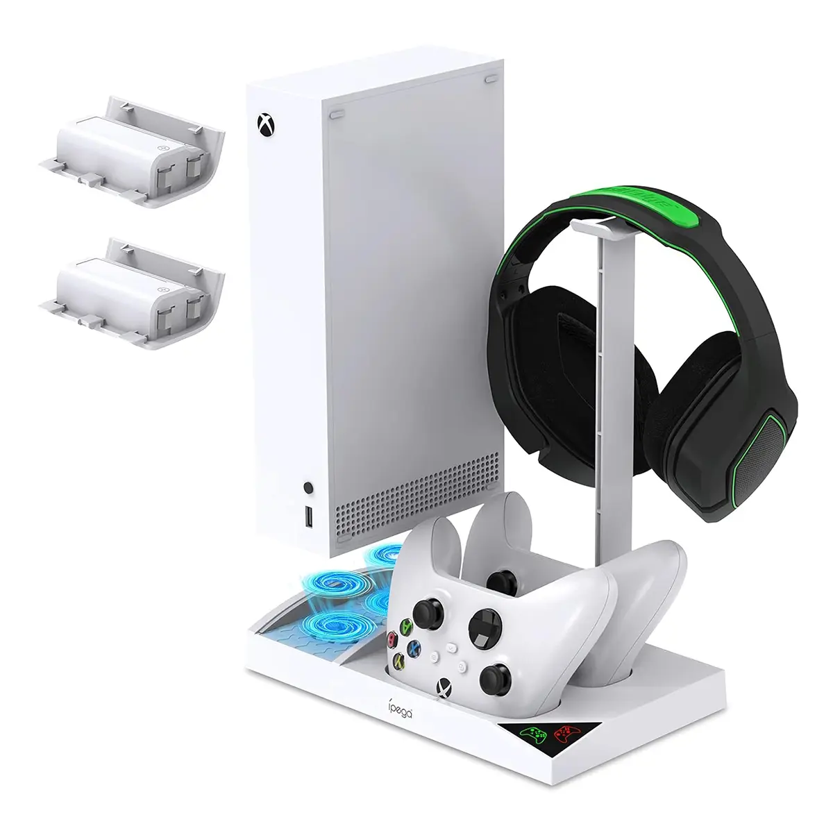 FASTSNAIL Metal Dual Controller Charger Stand for Xbox Series S - Compact Game Accessory with High-Speed Cooling Fans, 1400mAh Rechargeable Batteries, Stable Headset Holder & Protection