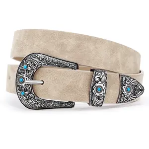 XZQTIVE Western Belt for Women, Cowgirl Cowboy Suede Leather Belt for Jeans Pants, Country Belts with Vintage Buckle