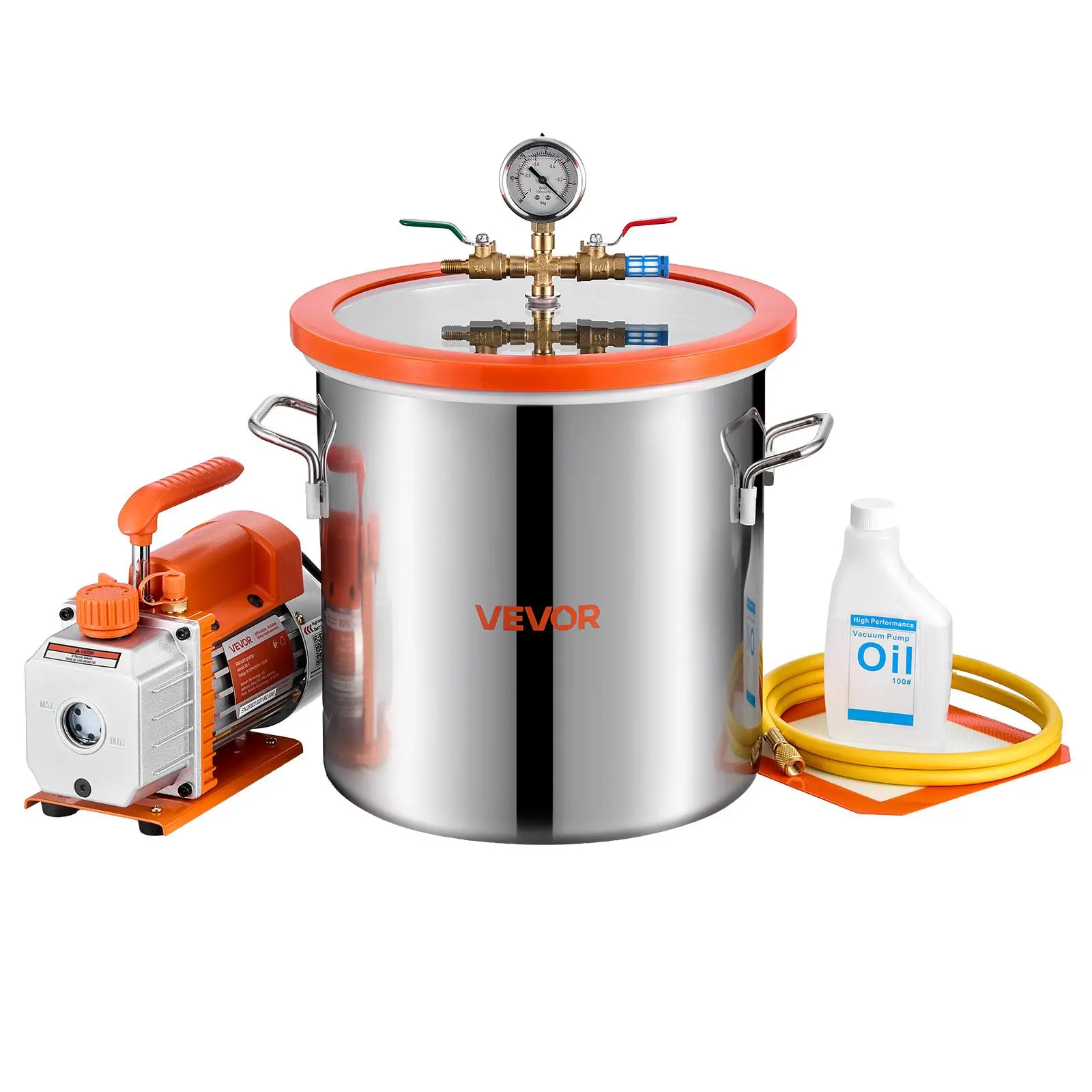 【Summerfinds】VEVOR 5 Gallon Vacuum Chamber with Pump3.5 CFMSingle Stage Vacuum PumpStainless Steel Degassing Chamber Kit with Tempered Glass Lid5 ft Hosefor Stabilizing Wood Degassing Silicone Resin