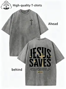 Vintage Washed Double Sided Jesus Saves Gold Cross Star Acts 4:12 Graphic Tee,Oversized Neutral Faith Shirt,Y2K Minimal Christian Short Sleeve Unisex Relaxed Fit Stylish Streetwear