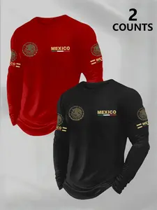 Men's Trendy Athletic Fit 2-Pack Long Sleeve T-Shirts with Graphic Print, Casual Comfort for Spring and Fall, Perfect for Sports, Workout Sportswear and Outdoor Activities, Athletic Style Activewear, Casual Sports Tops