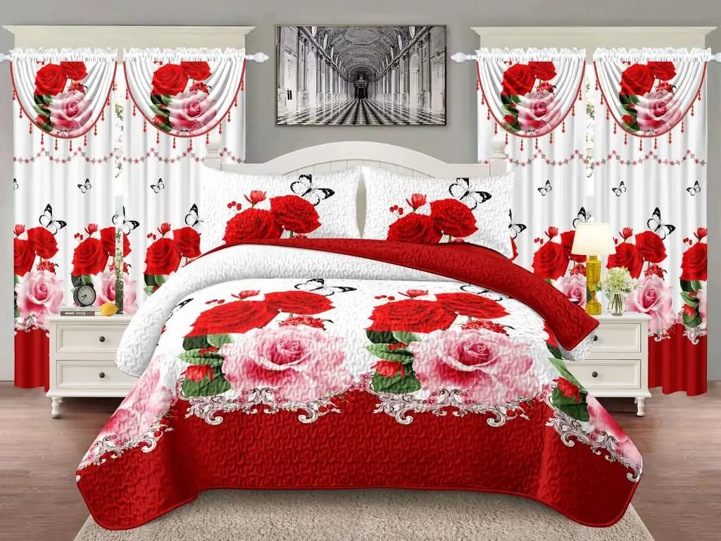 Romantic Red Rose 7-Piece Bedding Set with Matching Curtains