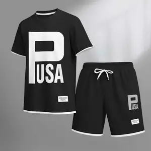 Men's P USA Sport Print Drawstring Shorts Set For Spring/Summer. A Casual Summer Outfit, Including A Short-Sleeved Shirt And Shorts, Suitable For Everyday Wear And Sports. A Two-Piece Set For A Relaxed And Energetic Lifestyle.