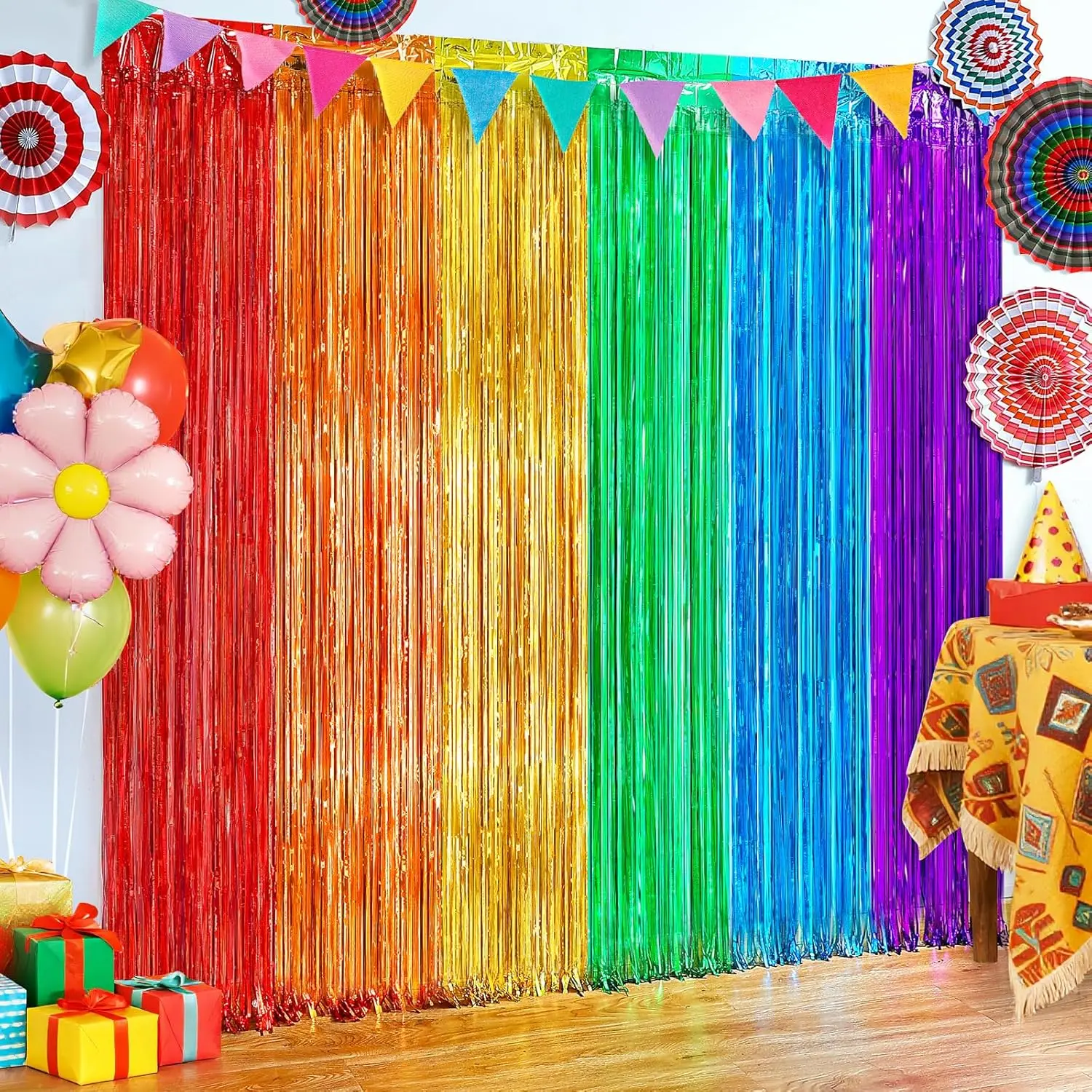 2Pack Rainbow Backdrop Curtains for Wedding Birthday, 3.3x8.2ft Fiesta Party Decorations Foil Fringe Curtains Backdrops, Rainbow Party Supplies for Halloween Metallic Tinsel Backdrop Party Streamers