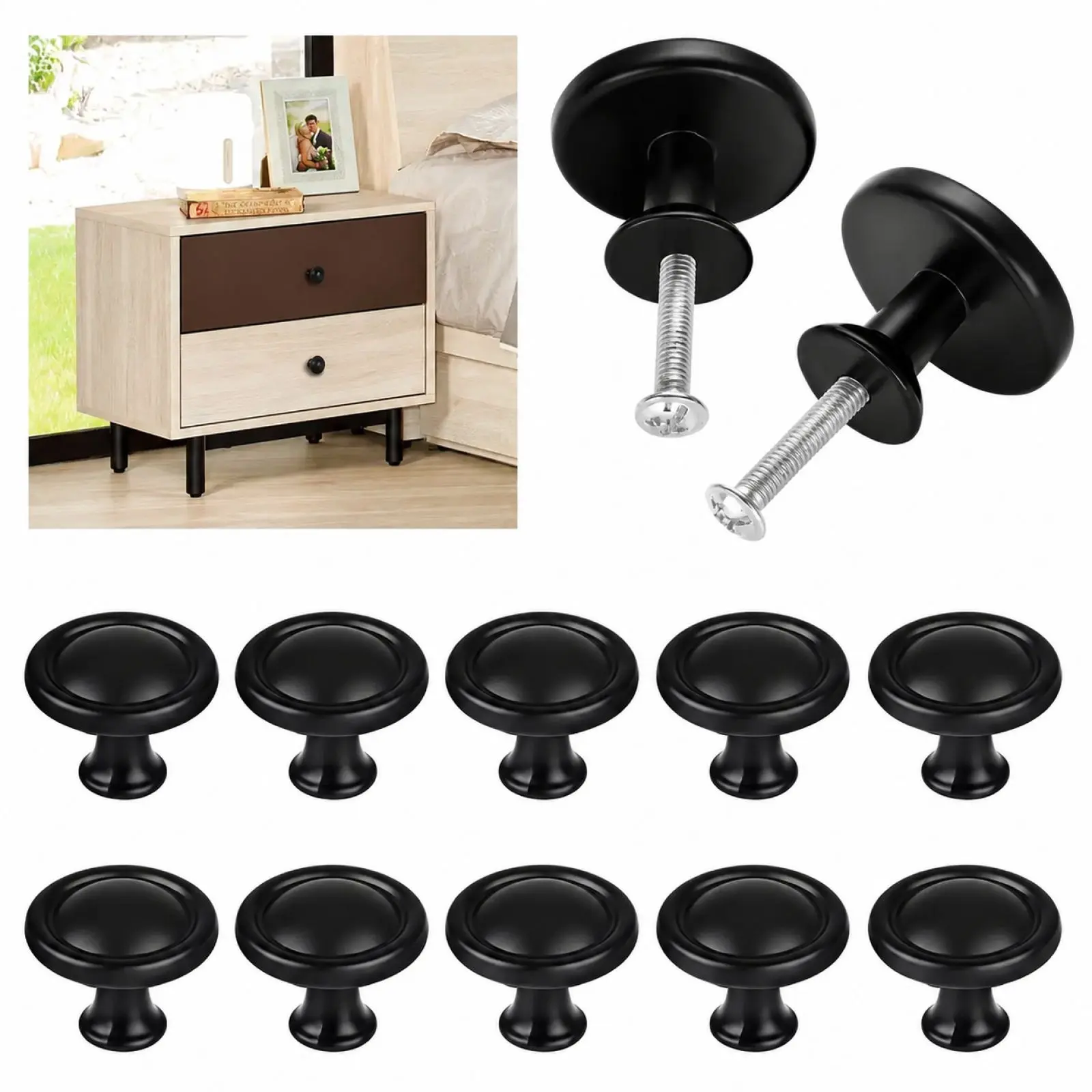 12-Pack Matte Black Round Stainless Steel Cabinet Hardware Knobs with Zinc Alloy Base - 1.1 inch Scratch-Resistant Flat Door Knobs Interior for Home Kitchen Cabinets, Drawers, Dresser Cupboards, Indoor Bathroom Lockers, Drawer Handles