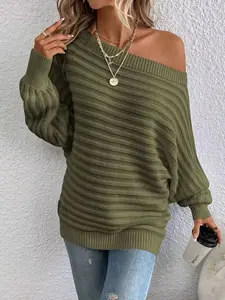 Boat Neck Batwing Sleeve Textured Knit Sweater