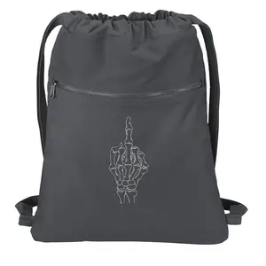 Beach Wash Cinch Pack with Skeleton Middle Finger Funny Design, Drawstring Gym Pool Backpack, Embroidered, Perfect Gift, friend Gift Canvas