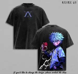 Killua Zoldyck Hunter x Hunter Shirt Anime Lightning Graphic Tee Vintage Washed Heavyweight Cotton Oversized Streetwear Unisex