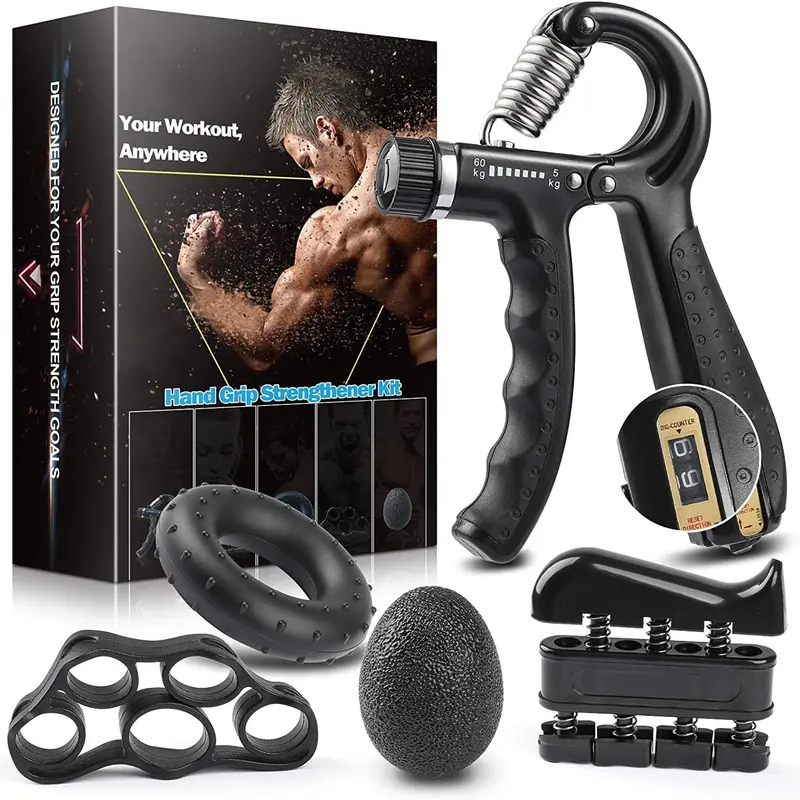 Grip Strength Trainer Kit With Counter (5 Pack) - Adjustable Hand Strengthener, Counting Strength, Finger Trainer, Exerciser, Ring & Stress Relief Ball With Carry Bag relieve pain forearm
